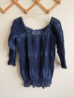 Temptation Positano Italy 100% Linen Iris Lace Boho Chic Blouse